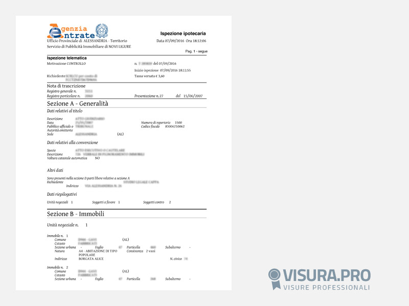 Visura Ipocatastale Singola Nota